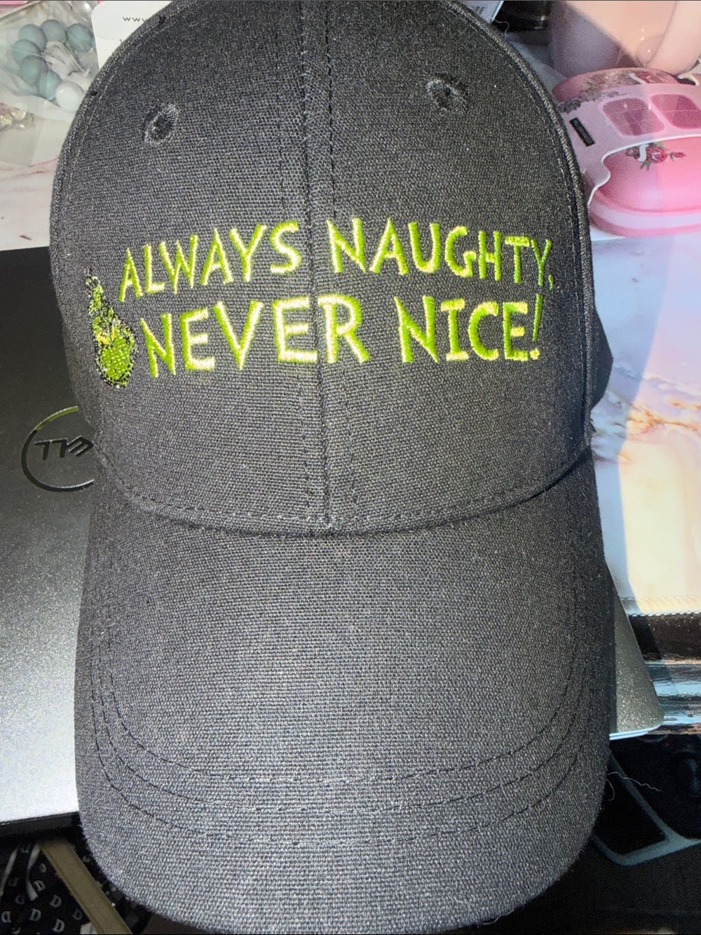 Black Baseball Cap with Neon Green 'Always Naughty, Never Nice!' Embroidery